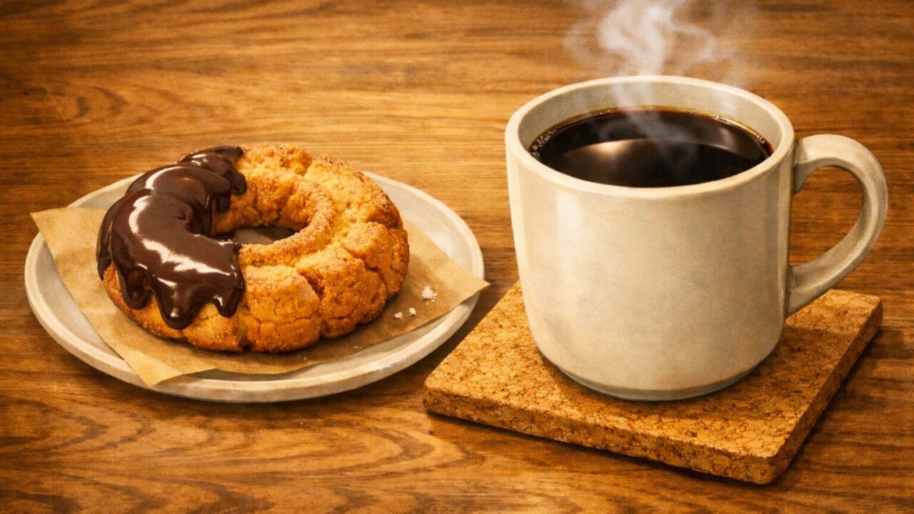 ドーナツ(オールドファッションチョコ)とコーヒー